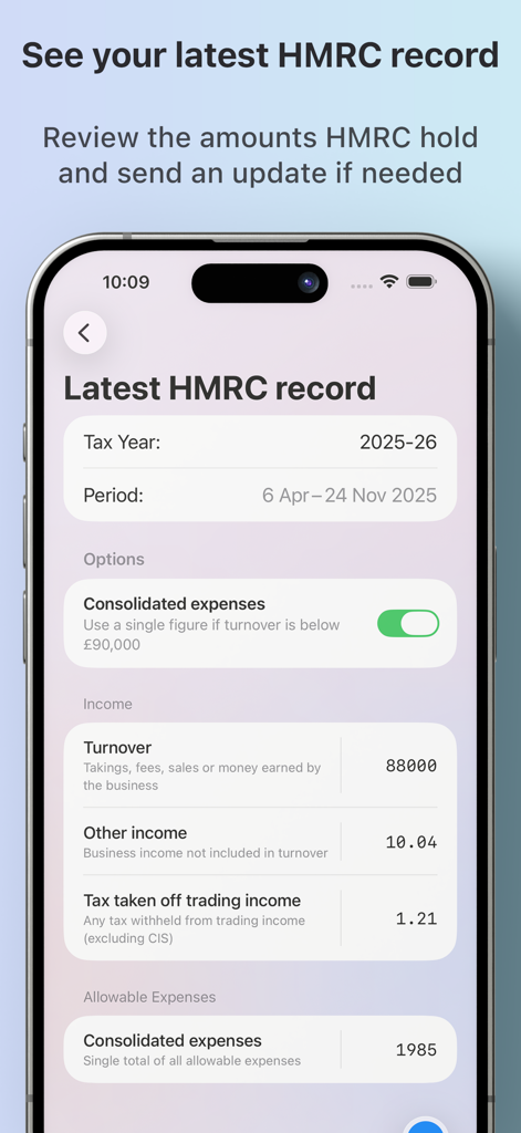Resumo mais recente do registro fiscal da HMRC em uma tela móvel exibindo categorias de receita e despesas