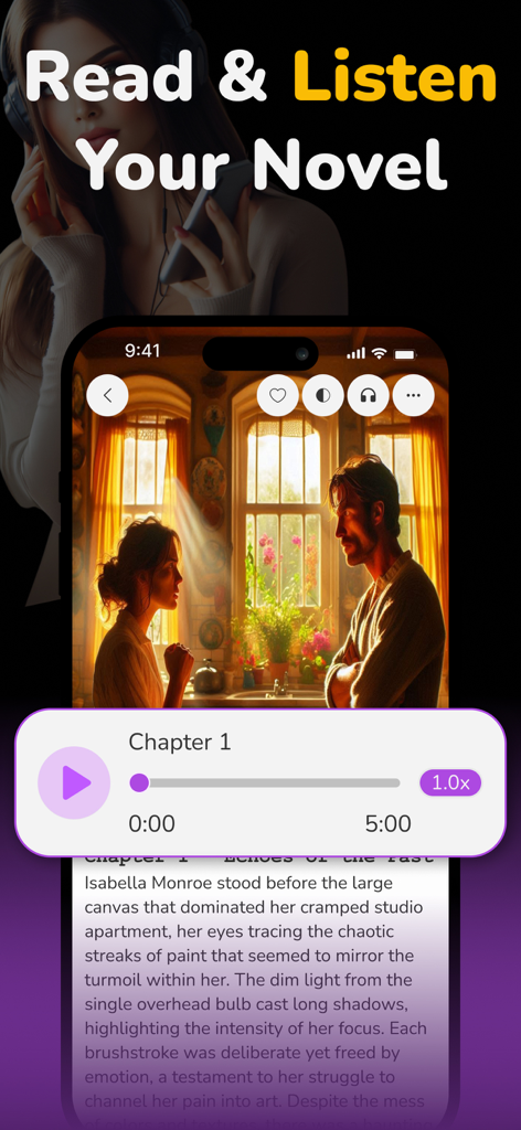 StoryNow AI app screen showing a novel with an integrated audio player and character illustration