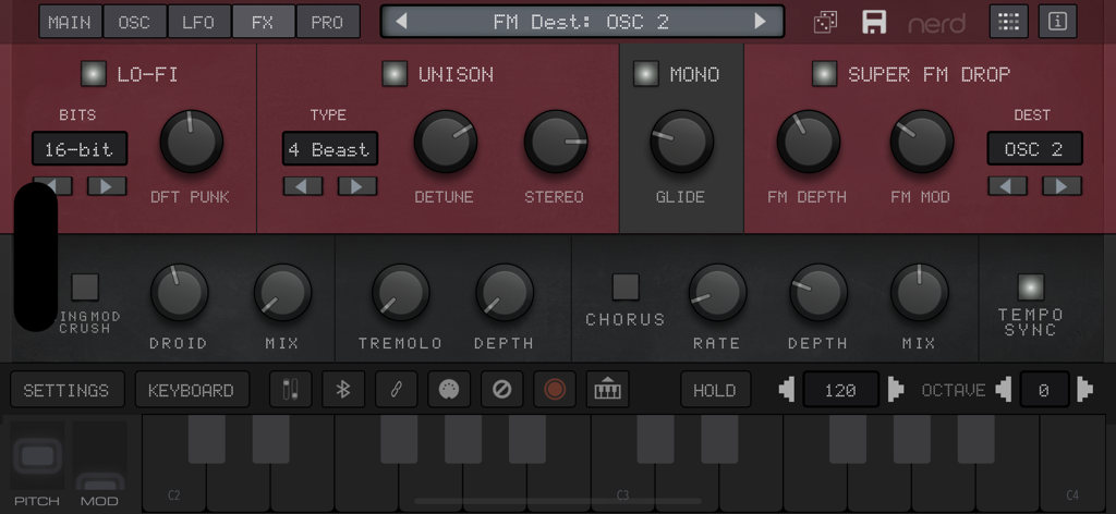 User interface of the NERD Synth A2x app featuring sound modulation controls and a virtual keyboard.