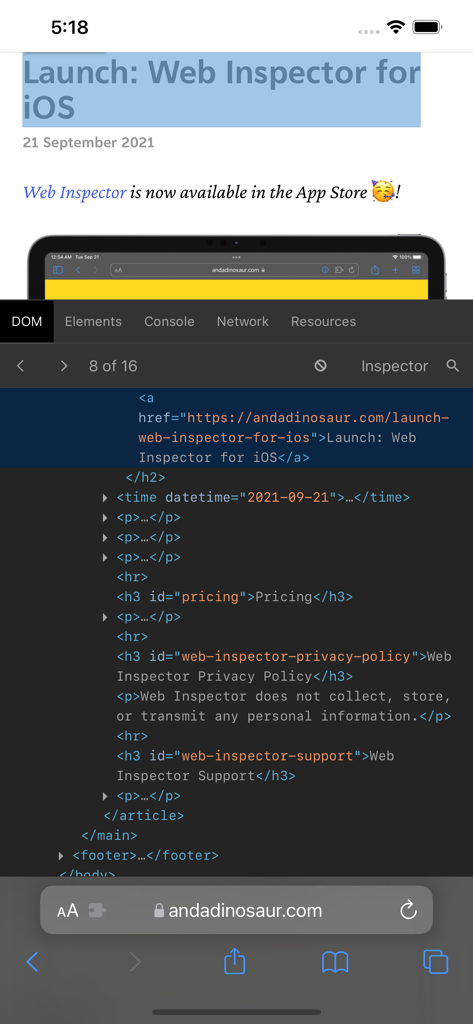 Web Inspector - iOS에서 모바일 웹사이트의 DOM 트리와 HTML 요소를 보여주는 Web Inspector 앱 인터페이스