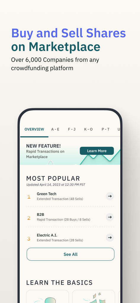 Interfaz de la app móvil StartEngine mostrando un mercado para comprar y vender acciones en startups de tendencia como tecnología verde e IA