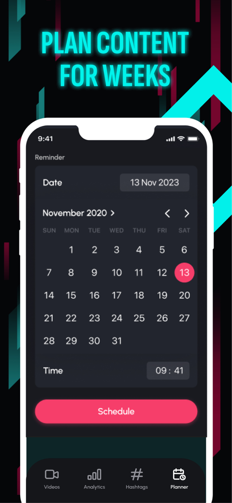 TikMaker app interface showing the content scheduling planner and calendar view.