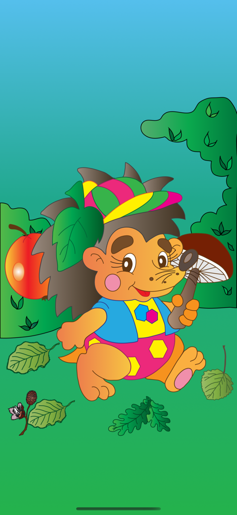 Gofun - Un erizo caricaturesco y colorido sosteniendo una seta en el juego de aprendizaje para niños Gofun.