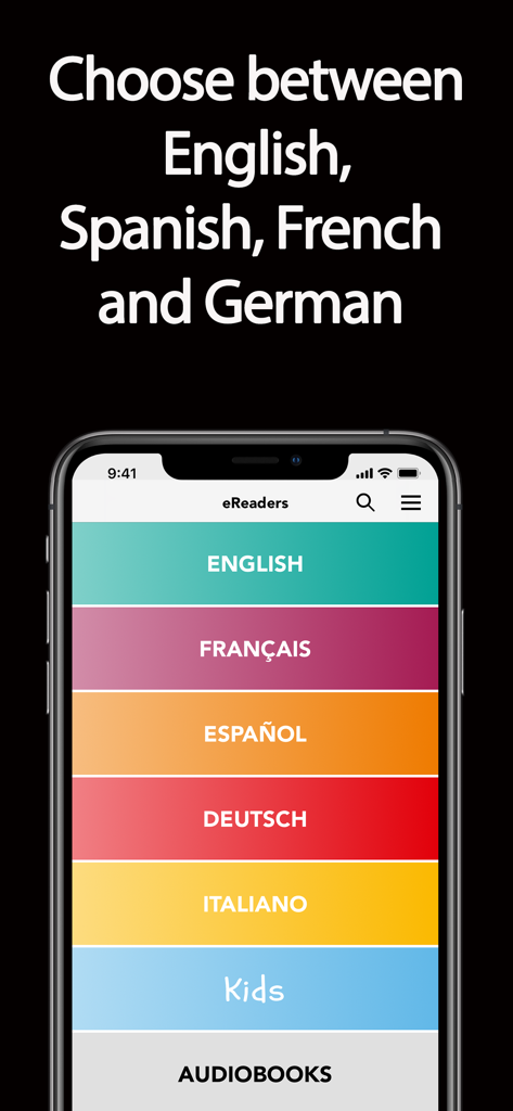 Schermo del cellulare che mostra le opzioni di selezione della lingua per inglese, francese, spagnolo, tedesco e italiano nell'app eReaders