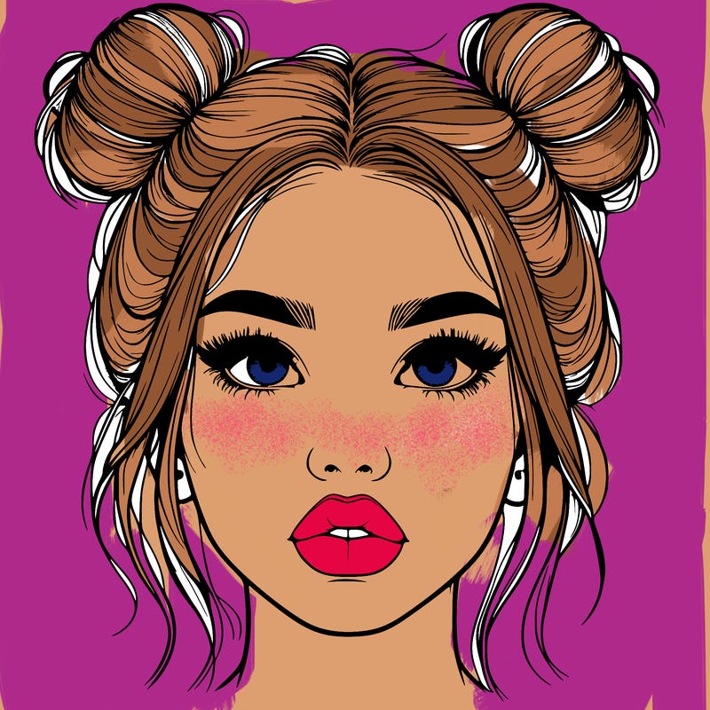 realistic girl with two buns on her hair and lips
