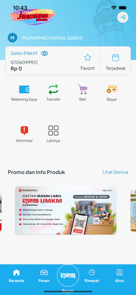 Jawara Mobile - Dashboard of the Jawara Mobile banking app by Bank Banten showing account balance and financial services