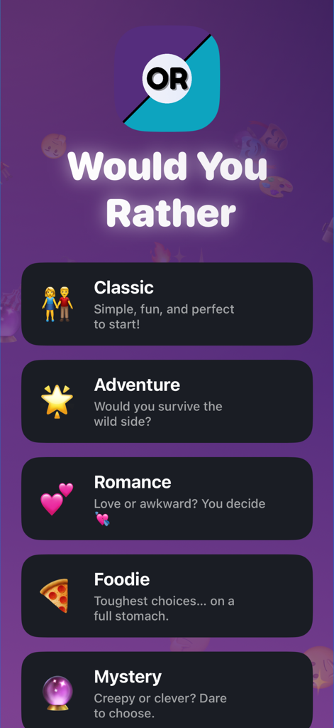 Would you rather? Adults +18 - Tela do menu principal do aplicativo Você Prefere Adultos mostrando categorias como Aventura Clássica Romance Foodie e Mistério