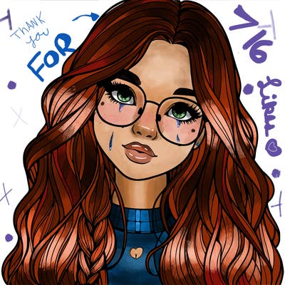 girl with long hair and freckles and glasses realistic