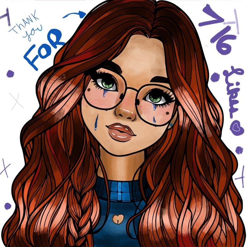 girl with long hair and freckles and glasses realistic