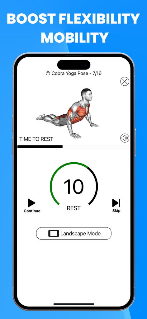 Stretch for Pain & Tension - A mobile app interface showing a cobra yoga pose illustration with highlighted muscles and a rest timer for flexibility training.