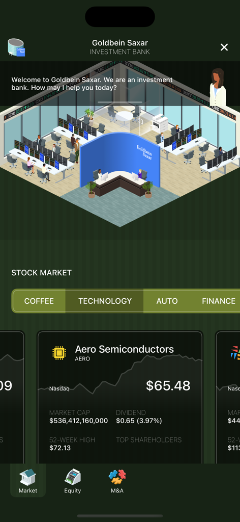 Coffee Inc 2 - In-game stock market interface showing technology stock prices and an investment bank office view in Coffee Inc 2.