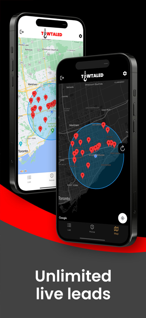 Towtaled - Incident Tracking - Towtaled app interface showing multiple incident markers and live leads on a map for towing professionals
