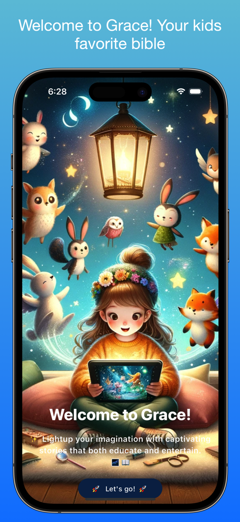 Kids Bible Stories app | Grace - Pantalla de bienvenida para la aplicación Grace Kids Bible Stories que muestra a una niña ilustrada y animales del bosque