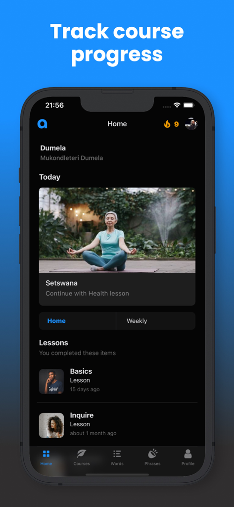 Angula - African languages - Mobile app interface showing daily progress and completed lessons for African language learning