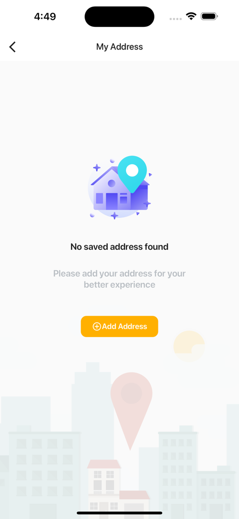 جاك - اللي تتمنى - My Address screen in the Jack app showing an empty state and a button to add a new address