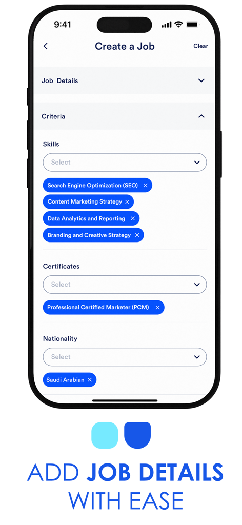 Imploy - Mobile interface of Imploy app showing job creation criteria with selected skills and professional certificates