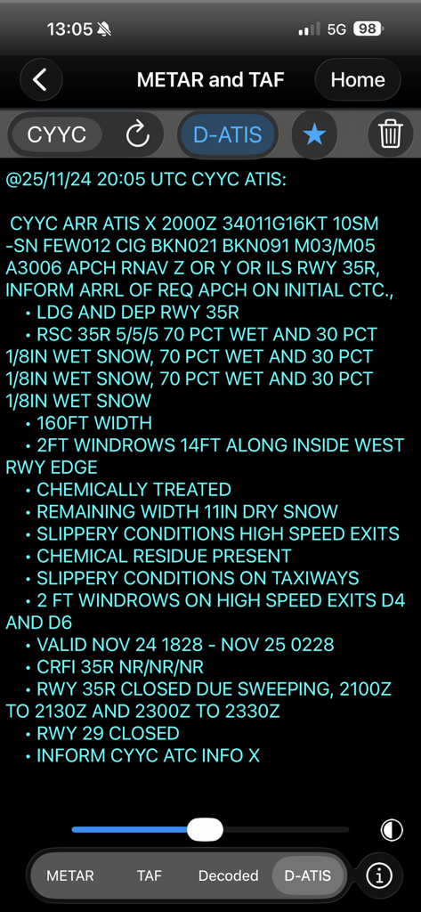 FlyBy E6B app displaying a detailed D-ATIS weather report and runway conditions