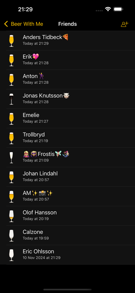 A list of friends on the Beer With Me app showing their recent drink check-ins with icons and timestamps.