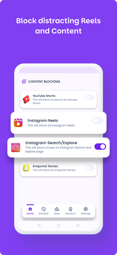 Website Blocker app interface with toggles to block Instagram Reels and YouTube Shorts for improved focus