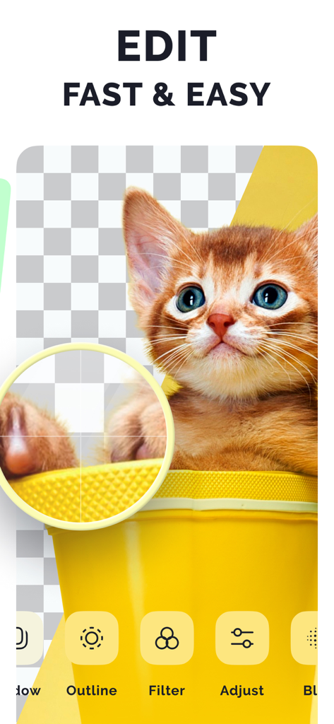 Eraser: remove background, bg - Interface do aplicativo Eraser mostrando a remoção de fundo em uma foto de gatinho