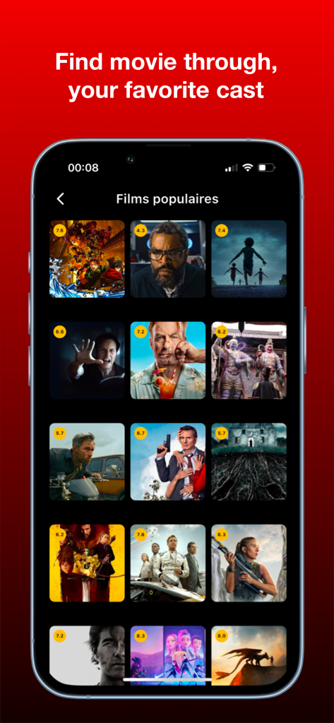 Una colección de pósteres de películas populares y sus calificaciones en la pantalla de descubrimiento de la aplicación AB Vue.