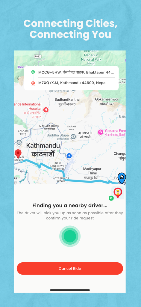 Move In Driver - Move In Driver app screen searching for a nearby ride on a map of Kathmandu Nepal