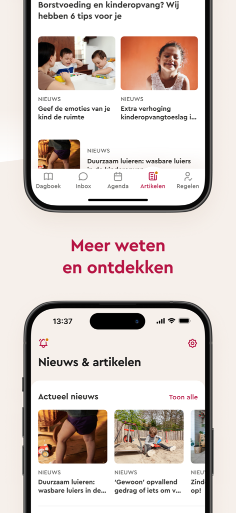 Partou kinderopvang - Mobile app interface displaying news and educational articles for parents about child development and care
