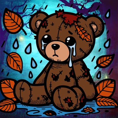 tattered teddy bear with leaves and rain