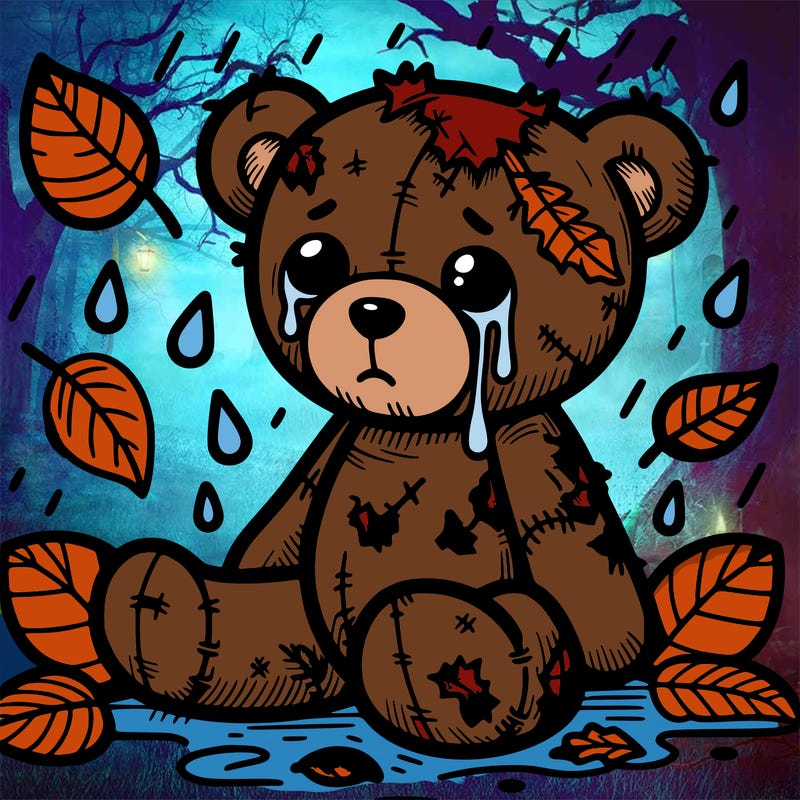 tattered teddy bear with leaves and rain