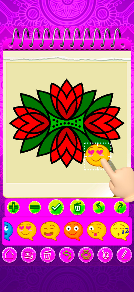 Mandala Coloring 2024 - A floral mandala design being decorated with heart-eye emoji stickers in a coloring book app interface.