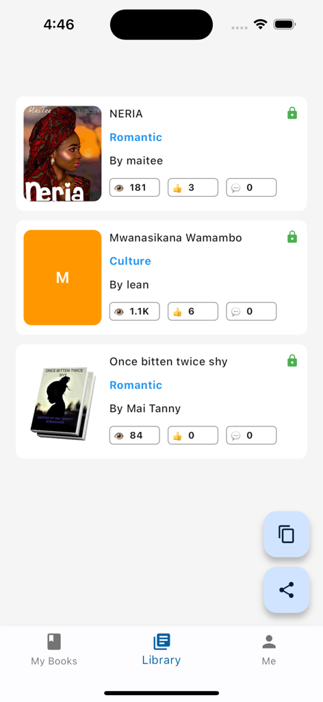 Boom Writer app library interface showing a list of published books and reader statistics