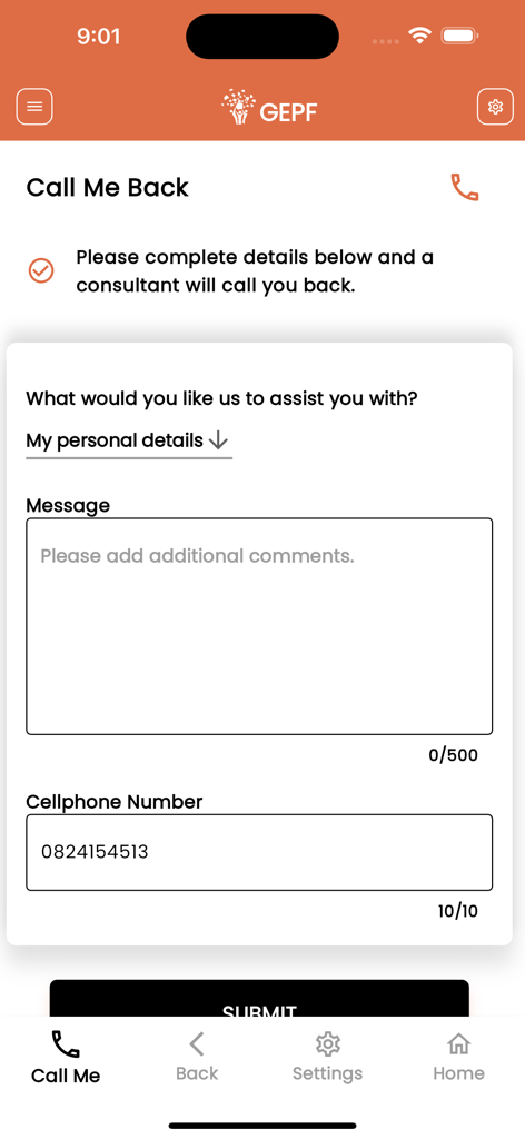 GEPF Self Service - A screenshot of the Call Me Back request form in the GEPF Self Service app showing message and cellphone number fields.