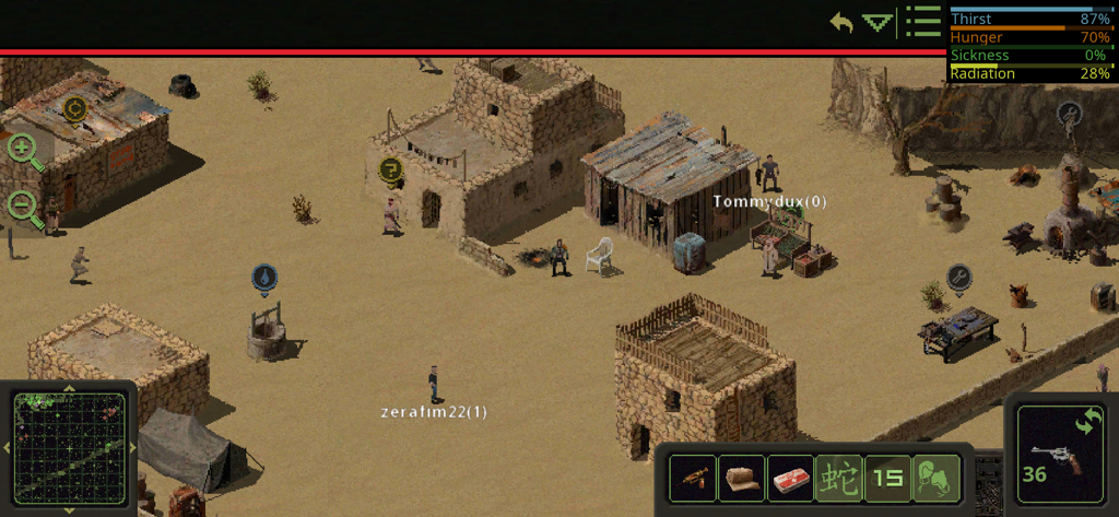 Omega Vanitas - Jugabilidad isométrica de arte de píxeles de Omega Vanitas que muestra un asentamiento del páramo con estadísticas de supervivencia e inventario