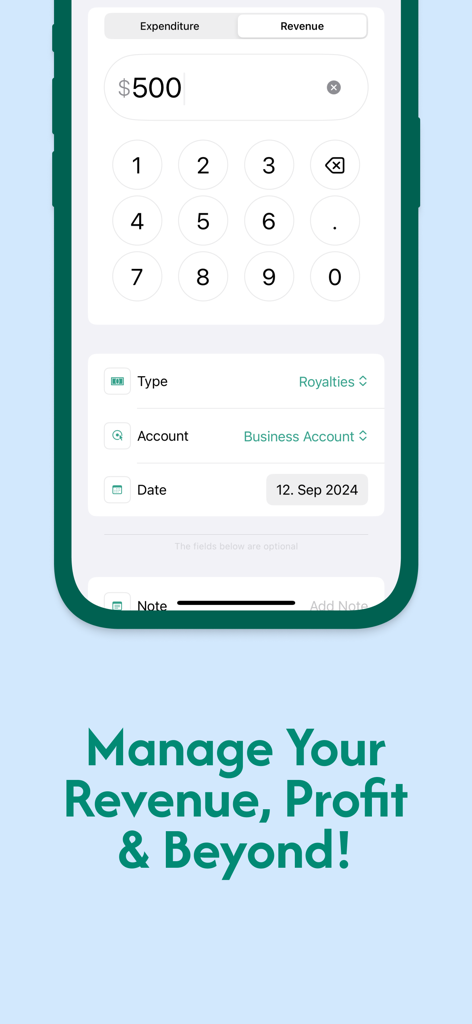Accounting Bookkeeping Ledger - Mobile app interface of the Accounting Bookkeeping Ledger showing a user entering five hundred dollars of revenue for royalties.