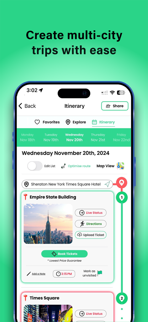 Travel Genie: Trip Itinerary - Interfaz de la aplicación Travel Genie que muestra un itinerario de viaje diario para la ciudad de Nueva York