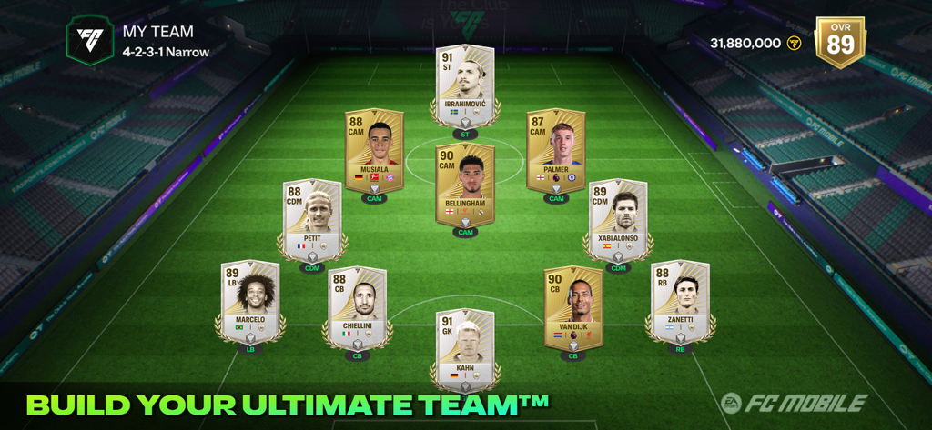 Lineup of a soccer ultimate team with player cards on a virtual field in EA SPORTS FC Mobile