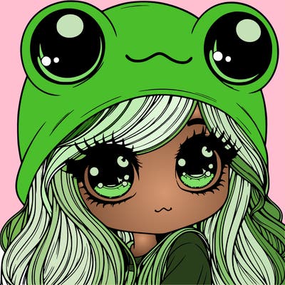 a realistic girl wearing a frog hat with long hair with bubble eyes