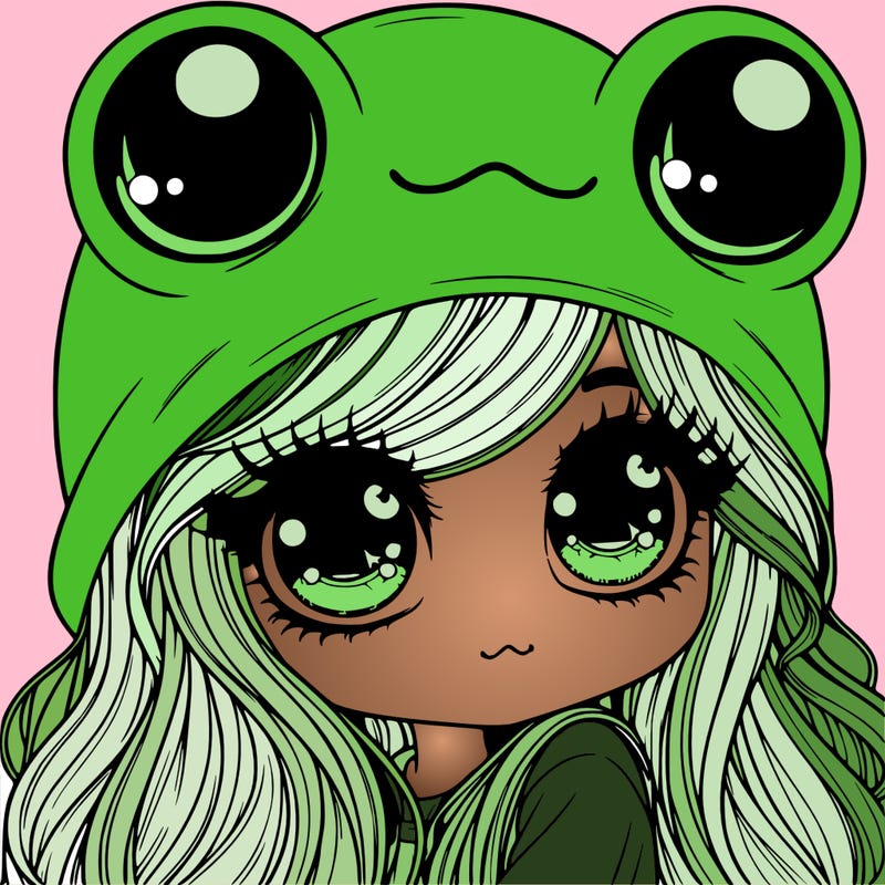 a realistic girl wearing a frog hat with long hair with bubble eyes