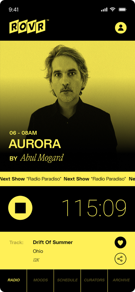ROVR - Radio Reinvented - ROVR app player showing human curated music show Aurora by Abul Mogard