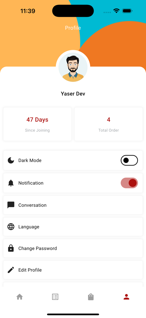 Fast Order Delivery - ドライバープロフィールページ。Fast Order Deliveryアプリのアカウント設定と配達統計が表示されています。