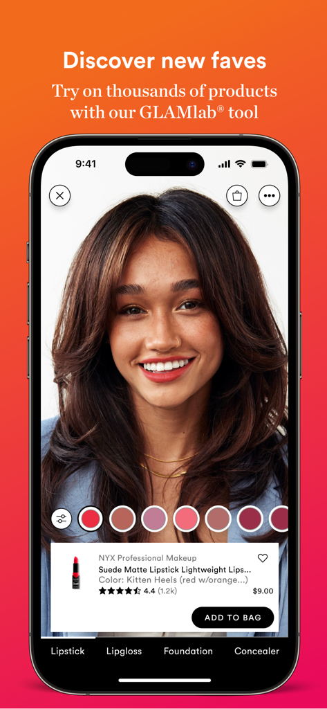 Función de probador virtual GLAMlab de la aplicación Ulta Beauty que muestra tonos de lápiz labial en una modelo