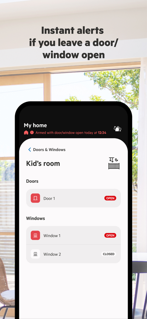 Sector Alarm app interface displaying the status of doors and windows with an alert for open entries in a kids room
