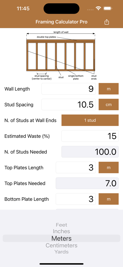 Framing Calculator Pro app interface showing wall measurement inputs and material estimations