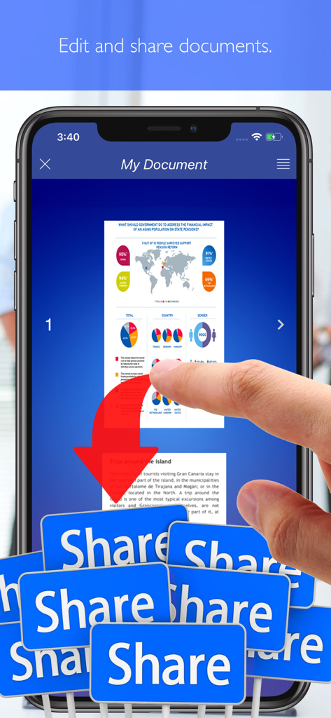 Scanner + pdf dосumеntѕ aрр - A smartphone showing a scanned document with an arrow pointing to multiple share buttons