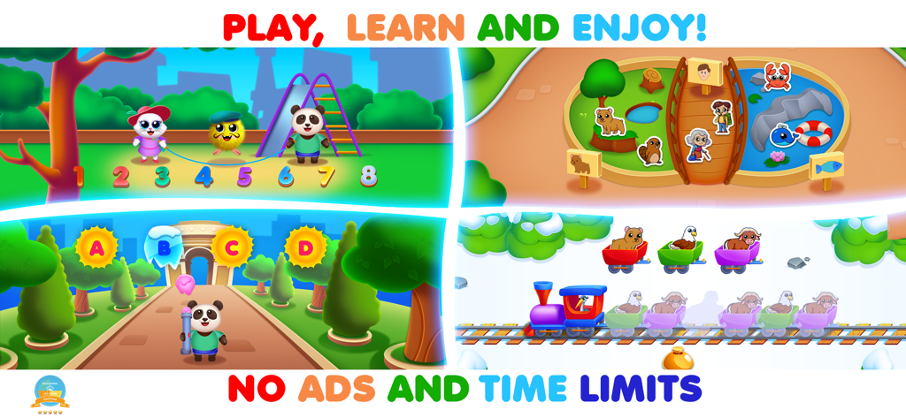 RMB Games: Pre K Learning Park - A collage showing preschool educational games for learning numbers letters and sorting animals