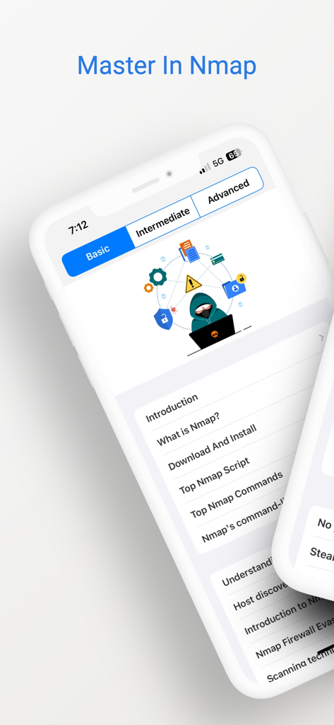Nmap Guide - Mobile app interface for Nmap Guide showing basic cybersecurity and network scanning learning modules