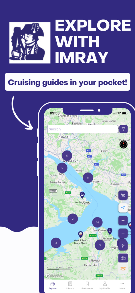 Aplicativo Explore with Imray mostrando um mapa de navegação com guias de cruzeiro costeiro