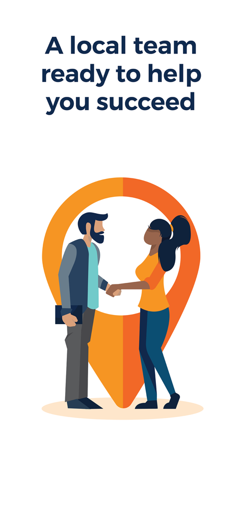 Eine Illustration von zwei Personen, die sich in einem Kartenstandort-Pin die Hände schütteln, der ein lokales Support-Team repräsentiert