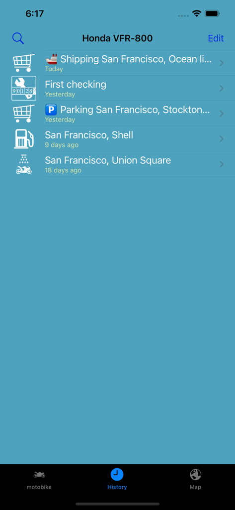 My_Moto - History log in the My Moto app showing service refueling and parking entries for a Honda VFR-800 motorcycle