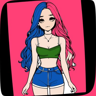 a realistic girl with long hair and in a crop top and shprts